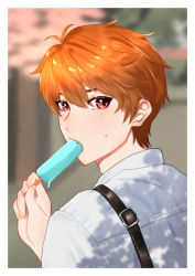 Rule 34 | 1boy, blurry, blurry background, brown eyes, brown hair, collared shirt, food, food in mouth, highres, holding, holding food, im tinybell, looking at another, looking at viewer, luke pearce (tears of themis), outdoors, popsicle, school uniform, shirt, short hair, solo, tears of themis, white hair