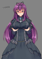 Rule 34 | 10s, 1girl, dated, female focus, grey background, murasaki (senran kagura), purple hair, senran kagura, simple background, solo, standing