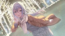 Rule 34 | 1girl, :d, absurdres, bare tree, breath, brown coat, cac itinose, coat, commentary request, floating hair, grey eyes, grey hair, grey shirt, grey skirt, hair between eyes, hand up, highres, idolmaster, idolmaster shiny colors, leaning forward, long hair, long sleeves, looking at viewer, night, open clothes, open coat, open mouth, outdoors, pleated skirt, scarf, shirt, skirt, smile, solo, suzuki hana, tree, very long hair, white scarf