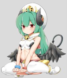Rule 34 | + +, 1girl, arcana trust, bare shoulders, belt, black wings, blush, boots, breasts, capelet, covered erect nipples, crop top, demon girl, demon horns, demon tail, green hair, grey background, hat, horns, long hair, looking at viewer, low wings, midriff, navel, nimu (aruka7x21), pointy ears, red eyes, shinrabanshou, short shorts, shorts, simple background, sitting, solo, tail, thighhighs, wariza, white thighhighs, wings
