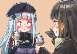Rule 34 | 2girls, aamond, absurdres, beret, black hair, blonde hair, blush, candy, candy cane, cross, embarrassed, food, food on face, girls&#039; frontline, gloves, goggles, goggles around neck, hat, highres, hk416 (girls&#039; frontline), ice cream, ice cream cone, ice cream on face, iron cross, laughing, m16a1 (girls&#039; frontline), multicolored hair, multiple girls, silver hair, single glove, streaked hair