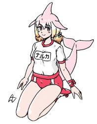 Rule 34 | acesrulez, alternate costume, blush, buruma, chinese white dolphin (kemono friends), commentary request, flats, grey eyes, gym shirt, gym uniform, kemono friends, looking at viewer, multicolored hair, name tag, orange hair, pink hair, red buruma, red footwear, seiza, shirt, short hair, short sleeves, short twintails, sitting, t-shirt, translation request, twintails, white hair