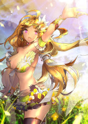 Rule 34 | 1girl, armband, armpits, bandeau, bikini, bikini top only, blonde hair, blurry, breasts, bug, butterfly, choker, cleavage, cowboy shot, depth of field, female focus, flower, flower on head, grass, green bikini, hair flower, hair ornament, highres, bug, jewelry, large breasts, lens flare, long hair, miniskirt, nal (nal&#039;s pudding), necklace, original, personification, pocketland, purple eyes, reaching, ring, shadow, skirt, solo, swimsuit, thighhighs, wristband