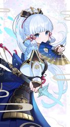 Rule 34 | 1girl, arms up, ayaka (genshin impact), back bow, black gloves, black shirt, blue bow, blue capelet, blue eyes, blue hair, blue skirt, blush, border, bow, breasts, cape, capelet, choker, closed mouth, commentary request, floral print, flower, genshin impact, gloves, gold choker, hair ornament, hair ribbon, hand fan, hands up, highres, holding, holding weapon, leaf, leaf print, long hair, looking at viewer, mandarin collar, medium breasts, outside border, pink ribbon, ponytail, ribbon, shirt, short sleeves, skirt, smile, snowflake print, solo, standing, tree, weapon, white background, white border, white flower, yuujin (yuzinn333)