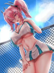 Rule 34 | 1girl, :d, absurdres, azur lane, bare shoulders, blue sky, blush, breasts, bremerton (azur lane), bremerton (scorching-hot training) (azur lane), chain-link fence, cleavage, cloud, collarbone, commentary request, covered erect nipples, cowboy shot, crop top, crop top overhang, day, fence, green skirt, grey hair, groin, hair between eyes, hair intakes, hair ornament, hairclip, hand on own chest, hand on own thigh, highres, large breasts, long hair, looking at viewer, midriff, miniskirt, mole, mole under eye, multicolored hair, nail polish, navel, navel piercing, open mouth, outdoors, piercing, pink eyes, pink hair, pink nails, rikadoh, see-through, shirt, sidelocks, skirt, sky, sleeveless, sleeveless shirt, smile, solo, sportswear, standing, streaked hair, sunlight, teeth, tennis uniform, twintails, twitter username, two-tone hair, two-tone shirt, two-tone skirt, upper teeth only, wet, wet clothes, wet shirt, white shirt, white skirt, x hair ornament