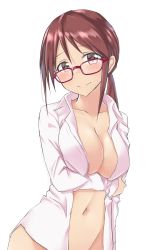 Rule 34 | 1girl, aimobake, breasts, brown hair, cleavage, closed mouth, collarbone, collared shirt, commentary request, dress shirt, glasses, head tilt, highres, idolmaster, idolmaster cinderella girls, large breasts, long hair, long sleeves, looking at viewer, looking over eyewear, mifune miyu, naked shirt, navel, no bra, open clothes, open shirt, ponytail, red-framed eyewear, red eyes, shirt, sidelocks, simple background, smile, solo, stomach, upper body, white background, white shirt