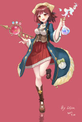 Rule 34 | 1girl, absurdres, antenna hair, atelier (series), atelier sophie, bare shoulders, blush, boots, brown eyes, brown hair, corset, cross-laced footwear, dai dai maomotame, flask, full body, highres, holding, holding flask, jewelry, lace-up boots, looking at viewer, necklace, open mouth, round-bottom flask, short hair, smile, solo, sophie neuenmuller, staff, thighhighs