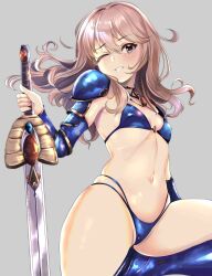 Rule 34 | 1girl, absurdres, airport96, alice gear aegis, armor, bikini, bikini armor, blue bikini, blue footwear, breasts, brown eyes, commentary request, gauntlets, grey background, highres, light brown hair, long hair, looking at viewer, multi-strapped bikini, navel, parted lips, shoulder armor, simple background, small breasts, solo, swimsuit, sword, weapon, yotsuya yumi