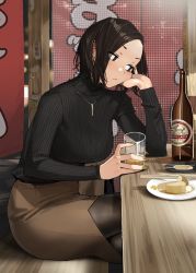 Rule 34 | 1girl, alcohol, black eyes, black pantyhose, black sweater, blush, bottle, breasts, brown hair, brown skirt, chopsticks, commentary request, cup, drinking glass, earrings, fingernails, food, ganbare douki-chan, green nails, highres, holding, holding cup, jewelry, large breasts, long sleeves, nail polish, necklace, pantyhose, parted lips, senpai-san (douki-chan), short hair, sitting, skirt, solo, sweater, table, turtleneck, turtleneck sweater, yomu (sgt epper)