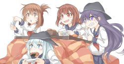 Rule 34 | &gt;:d, 10s, 4girls, :d, ahoge, akatsuki (kancolle), anchor symbol, brown eyes, brown hair, clenched teeth, commentary request, controller, flat cap, folded ponytail, food in mouth, game controller, hair ornament, hairclip, hat, hibiki (kancolle), ido (teketeke), ikazuchi (kancolle), inazuma (kancolle), kantai collection, kotatsu, long hair, long sleeves, multiple girls, neckerchief, open mouth, playing games, purple eyes, purple hair, revision, sailor collar, school uniform, serafuku, smile, table, teeth, under kotatsu, under table, v-shaped eyebrows, white background, wii remote