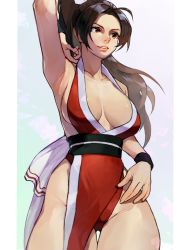 Rule 34 | 1girl, arm behind head, arm up, armpits, bare shoulders, breasts, brown eyes, brown hair, cleavage, fatal fury, high ponytail, highres, large breasts, ninja, obi, oni gini, parted lips, pelvic curtain, ponytail, revealing clothes, sash, shiranui mai, smile, snk, solo, the king of fighters, thigh gap, thighs
