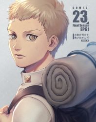 Rule 34 | 1boy, backpack, bag, blonde hair, expressionless, falco grice, highres, lips, looking at viewer, male focus, mappo m2, marley military uniform, shingeki no kyojin, short hair, solo, tears, translation request, upper body, yellow eyes