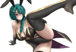 Rule 34 | 1girl, absurdres, alternate costume, animal ears, ass, bare shoulders, black gloves, boots, braid, braided ponytail, breasts, circlet, cleavage, commission, commissioner upload, cosplay, covered navel, fake animal ears, fire emblem, fire emblem heroes, gloves, gold trim, green hair, hair ornament, highleg, highleg leotard, highres, holding, jewelry, large breasts, leaning to the side, leg up, leotard, linzere, lips, loki (fire emblem), loki (fire emblem) (cosplay), long hair, looking at viewer, mature female, nintendo, non-web source, playboy bunny, rabbit ears, rubber gloves, single braid, smile, solo, spread legs, thigh boots, thigh grab, thighhighs, thighs, thorr (fire emblem), transparent background, yellow eyes