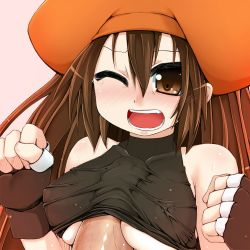 Rule 34 | 1girl, arc system works, blush, breasts, brown eyes, brown hair, covered erect nipples, gloves, guilty gear, hat, long hair, may (guilty gear), medium breasts, one eye closed, open mouth, orange hat, paizuri, paizuri under clothes, penis, pirate, pirate hat, poncocchan, solo focus, uncensored, wink