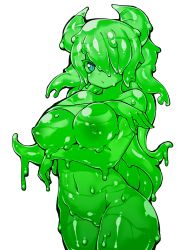 Rule 34 | 1girl, blue eyes, breasts, closed mouth, colored sclera, colored skin, cowboy shot, fukurou (owl222), green hair, green nipples, green sclera, green skin, hair over one eye, highres, horns, large breasts, long hair, looking at viewer, monster girl, navel, nipples, nude, one eye covered, original, simple background, slime girl, solo, standing, tentacle hair, white background