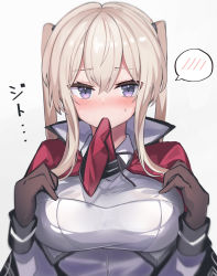 Rule 34 | 1girl, blonde hair, blush, breasts, brown gloves, capelet, fathom, gloves, gradient background, graf zeppelin (kancolle), hair between eyes, highres, kantai collection, large breasts, long hair, long sleeves, military, military uniform, purple eyes, sidelocks, solo, spoken blush, twintails, uniform, upper body