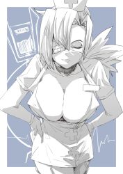 Rule 34 | 1girl, blue background, breasts, choker, cleavage, closed eyes, eyepatch, facing viewer, gloves, greyscale, hair over one eye, hands on own hips, hat, highres, large breasts, latex, latex gloves, mask, monochrome, mouth mask, nurse cap, otu 025, ponytail, skullgirls, solo, spot color, surgical mask, valentine (skullgirls)