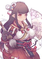 Rule 34 | 1girl, black gloves, black hair, blunt bangs, breasts, brush, canyne, closed mouth, felyne, gloves, hair ornament, ibukichi, japanese clothes, kamura (armor), large breasts, long hair, looking at viewer, minoto, monster hunter (series), monster hunter rise, painting (object), pointy ears, siblings, sidelocks, sisters, yellow eyes