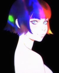 Rule 34 | bare shoulders, black background, blonde hair, blue eyes, blue hair, blunt bangs, bob cut, breasts, commentary, from side, green hair, highres, ilya kuvshinov, light smile, looking at viewer, looking to the side, multicolored hair, nude, pale skin, purple hair, rainbow hair, red hair, short hair, sideboob, simple background