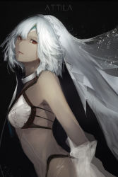Rule 34 | 10s, 1girl, altera (fate), arm warmers, bandeau, bare shoulders, bikini, black background, black bikini, blunt bangs, breasts, brown lips, character name, choker, collarbone, cowboy shot, dark-skinned female, dark skin, detached sleeves, eyelashes, fate/extella, fate/extra, fate/grand order, fate (series), from side, grey hair, headpiece, highres, lipstick, looking at viewer, makeup, marumoru, midriff, navel, parted lips, red eyes, revealing clothes, short hair, signature, simple background, small breasts, smile, solo, swimsuit, veil, white bikini, white hair