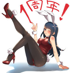 Rule 34 | 1girl, animal ears, ankle strap, arm support, bad id, bad pixiv id, bare shoulders, black hair, black pantyhose, blush, bow, bowtie, breasts, cleavage, detached collar, fake animal ears, high heels, highres, knees up, kyuuso inukami, leg up, legs up, leotard, long hair, looking at viewer, mole, mole under eye, one eye closed, original, pantyhose, playboy bunny, rabbit ears, shoe soles, solo, strappy heels, tail, wink, wrist cuffs
