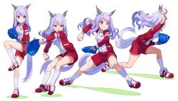 Rule 34 | 1girl, animal ears, ball, baseball, baseball glove, bow, breasts, ear bow, floating hair, frown, highres, holding, holding ball, horse ears, horse girl, horse tail, jacket, leg up, long hair, long sleeves, mejiro mcqueen (umamusume), motion blur, multiple views, nishiki kazue, open mouth, pitching, purple eyes, purple hair, red jacket, red shorts, sequential, shoes, shorts, small breasts, sneakers, socks, standing, standing on one leg, tail, throwing, track jacket, umamusume, white background, white socks