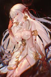 Rule 34 | 1girl, armlet, bare shoulders, bracelet, breasts, chain, cleavage, colored skin, daeraeband, durga (fate), earrings, fate/grand order, fate (series), feet out of frame, gold chain, gradient skin, hair ribbon, highres, jewelry, large breasts, long hair, looking at viewer, open mouth, red eyes, red ribbon, red skin, revealing clothes, ribbon, ring, sitting, snake, solo, very long hair, white hair, white snake