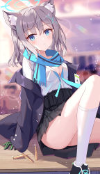Rule 34 | 1girl, animal ear fluff, animal ears, ass, black jacket, black skirt, blue archive, blue eyes, blurry, breasts, cleavage, depth of field, fringe trim, grey hair, halo, high-waist skirt, highres, jacket, knee up, kneehighs, long hair, long sleeves, looking at viewer, medium breasts, miniskirt, off shoulder, open clothes, open jacket, open shirt, parted lips, plaid, plaid skirt, pleated skirt, scarf, serika, shiroko (blue archive), shirt, shirt tucked in, sitting, skirt, socks, solo, thighs, white shirt, white socks, wolf ears