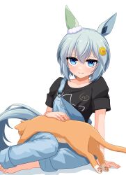 Rule 34 | 1girl, absurdres, animal, animal ears, animal on lap, arm support, barefoot, black shirt, blue eyes, blue hair, cat, cat on lap, closed mouth, hair ornament, hairclip, highres, horse ears, horse girl, horse tail, lexis yayoi, looking at viewer, on lap, overalls, seiun sky (umamusume), shirt, short hair, short sleeves, simple background, sitting, smile, solo, tail, toes, umamusume, white background, yokozuwari