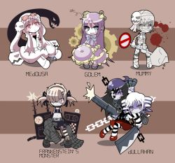Rule 34 | 6+girls, ahoge, arm warmers, bandages, bare shoulders, belt, blonde hair, blood, blood stain, blush stickers, boots, bow, chain, chibi, cleaver, cross, drill hair, english text, eyepatch, eyewear on head, forked tongue, frown, gauntlets, gears, grey eyes, grey hair, gun, hair between eyes, hair over one eye, hairband, hatchet, holding, jacket, long hair, long tongue, looking up, mary janes, midriff, monster girl, mukai keiichirou, multiple girls, mummy, nata (tool), no nose, no symbol, original, pantyhose, pleated skirt, purple hair, red eyes, ribbon, road sign, shoes, shotgun, sign, sitting, skirt, skull, sleeping, smile, snake, standing, striped clothes, striped legwear, striped pantyhose, sunglasses, tank top, thighhighs, tongue, tongue out, torn clothes, twin drills, twintails, weapon, white hair