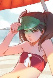 Rule 34 | 1girl, ascot, bare arms, bare shoulders, beach, brown eyes, brown hair, closed mouth, commentary request, day, flat chest, hand on headwear, hand up, hat, highres, kantai collection, lips, looking at viewer, navel, one-hour drawing challenge, outdoors, parasol, pink lips, reclining, ryuujou (kancolle), sketch, solo, strapless, timbougami, tube top, twintails, umbrella, upper body, visor cap, yellow ascot