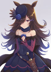 Rule 34 | 1girl, animal ears, bare shoulders, blue dress, blue flower, blue hat, blue rose, blush, breasts, brown hair, closed mouth, collarbone, covered navel, dagger, determined, dress, flower, fur collar, gradient background, hair over one eye, hat, hat flower, horse ears, horse girl, knife, long hair, looking at viewer, off-shoulder dress, off shoulder, purple eyes, rice shower (umamusume), rose, scabbard, sheath, sheathed, simple background, small breasts, solo, tilted headwear, tomozo kaoru, umamusume, weapon