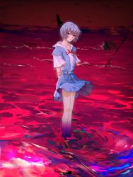 Rule 34 | 1girl, arms behind back, ayanami rei, blue hair, blue skirt, closed mouth, collared shirt, the end of evangelion, holding own arm, kf8fw, looking at viewer, neck ribbon, neon genesis evangelion, outdoors, red eyes, red ribbon, red sky, ribbon, school uniform, shirt, short hair, short sleeves, skirt, sky, soaking feet, solo, standing, suspender skirt, suspenders, tokyo-3 middle school uniform, wading, white shirt