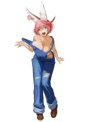 Rule 34 | 1girl, blue eyes, breasts, cleavage, denim, elphelt valentine, flasso, guilty gear, guilty gear xrd, highres, jeans, large breasts, looking at viewer, open mouth, overalls, pants, pink hair, short hair, simple background, solo, white background