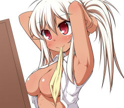 Rule 34 | 1girl, adjusting hair, armpits, arms up, bad id, bad pixiv id, breasts, character request, cleavage, dark skin, dark-skinned female, dressing, kotatsu (kotatsu3), medium breasts, mouth hold, open clothes, open shirt, original, pointy ears, red eyes, ribbon, shirt, smile, solo, source request, white hair, white shirt