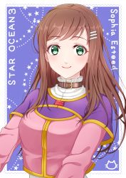Rule 34 | 1girl, ayakura azuma, brown hair, character name, copyright name, green eyes, hair ornament, hairclip, highres, looking at viewer, belt collar, simple background, smile, solo, sophia esteed, star (symbol), star ocean, star ocean till the end of time, upper body
