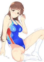Rule 34 | 10s, 1girl, breasts, brown eyes, brown hair, competition swimsuit, feet, idolmaster, idolmaster cinderella girls, idolmaster cinderella girls starlight stage, long hair, looking at viewer, mibu natsuki, nitta minami, no shoes, one-piece swimsuit, parted lips, sitting, socks, solo, spread legs, swimsuit, wet
