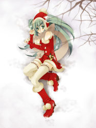 Rule 34 | 1girl, bare shoulders, bell, blush, boots, christmas, detached sleeves, earflap hat, female focus, green eyes, green hair, hat, hat pompom, hatsune miku, long hair, matching hair/eyes, red footwear, santa costume, shoes, snow, solo, thighhighs, twintails, vocaloid, yuko (uc yuk)