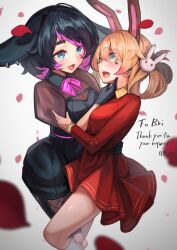 Rule 34 | 2girls, absurdres, animal ears, aqua eyes, black dress, black gloves, black hair, blonde hair, blue eyes, blush, commentary request, commission, dress, fishnet pantyhose, fishnets, gloves, gradient hair, hair ornament, hakusyokuto, heart, highres, imminent kiss, long hair, long sleeves, looking at another, multicolored hair, multiple girls, open mouth, original, pantyhose, petals, pink hair, puffy short sleeves, puffy sleeves, rabbit ears, rabbit hair ornament, red dress, short sleeves, skeb commission, thighhighs, yuri