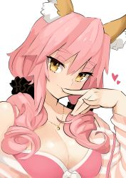 Rule 34 | 1girl, absurdres, animal ear fluff, animal ears, bikini, bikini under clothes, blush, breasts, cleavage, fate/grand order, fate (series), finger to mouth, fox ears, hair ornament, hair scrunchie, heart, highres, jewelry, kunabishi, large breasts, long hair, necklace, official alternate costume, pink hair, raised eyebrows, scrunchie, solo, swimsuit, tamamo (fate), tamamo no mae (fate/extra), tamamo no mae (spring casual) (fate), tamamo no mae (swimsuit lancer) (fate), twintails, yellow eyes