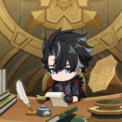 Rule 34 | 1boy, absurdres, animal ears, black gloves, black hair, book, closed mouth, coat, cup, desk, fingerless gloves, fur-trimmed coat, fur trim, genshin impact, gloves, highres, indoors, looking at object, male focus, necktie, official art, paimon genshin7, paper, prison, red necktie, solo, wriothesley (genshin impact)
