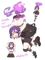 Rule 34 | 1girl, absurdres, artist name, black footwear, black skirt, black thighhighs, breasts, choker, commission, cross-laced footwear, disembodied head, dullahan, fire, fishnets, full body, highres, holding head, inu fuji, large breasts, looking at viewer, multiple views, open mouth, original, pleated skirt, purple choker, purple eyes, purple fire, purple hair, ringed eyes, shoes, short hair, shrug (clothing), simple background, skeb commission, skirt, sneakers, striped, striped thighhighs, studded choker, thighhighs, twitter username, white background, white thighhighs