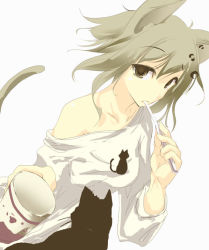 Rule 34 | 1girl, animal, animal ears, animal print, bare shoulders, cat, cat ears, cat print, collarbone, cowboy shot, dutch angle, looking at viewer, off-shoulder shirt, off shoulder, satomi (black scarecrow), shirt, simple background, solo, white background, white shirt