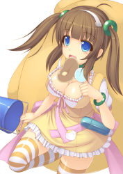 Rule 34 | 10s, 1girl, :d, blue eyes, blush, breasts, brown hair, bucket, butter, candy, cleavage, dress, fang, food, highres, holding, kageira, large breasts, lollipop, looking at viewer, minori (senran kagura), open mouth, orange thighhighs, pancake, senran kagura, senran kagura shinovi versus, smile, standing, striped clothes, striped thighhighs, tareme, thighhighs, twintails, zettai ryouiki