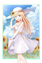 Rule 34 | 1girl, :d, absurdres, bare arms, bare shoulders, blonde hair, blue eyes, blush, bow, commentary request, criss-cross halter, day, dress, ds a, flower, halterneck, hat, hat flower, highres, long hair, looking at viewer, open mouth, original, smile, solo, standing, sun hat, sundress, sunflower, very long hair, water drop, white dress, white hat, yellow bow, yellow flower