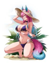 Rule 34 | animal ears, arm up, artist request, barefoot, beach, bikini, bird, black choker, blue eyes, blue hair, blue lips, blue nails, breasts, bush, choker, cleavage, cloud, cloudy sky, collarbone, curled tail, feet, fox ears, fox girl, fox tail, gold trim, hat, highres, kneeling, large breasts, long bangs, long hair, looking at viewer, looking to the side, multicolored hair, nail polish, navel, original, parted lips, pink hair, purple bikini, rainbow, saya (atelier951), seagull, seductive smile, sky, smile, sparkle background, starfish, straight hair, straw hat, sweat, sweatdrop, swimsuit, tail, thick thighs, thighs, tiptoes, toenail polish, toenails, toes, toned, two-tone hair, underboob, untying, white background, white trim, wide hips