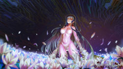 Rule 34 | 1girl, absurdres, arms at sides, black hair, blurry, breasts, copyright name, crystal, depth of field, english text, closed eyes, female focus, field, flower, flower field, highres, kidou senkan nadesico, large breasts, legs apart, long hair, misumaru yurika, navel, night, night sky, nipples, parted lips, petals, sky, solo, standing, text focus, thighhighs, ushas, white flower