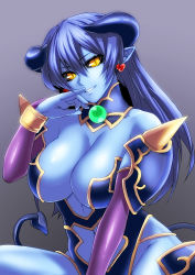 Rule 34 | 1girl, astaroth (shinrabanshou), bad id, bad pixiv id, bare shoulders, blue hair, blue skin, breasts, cleavage, colored skin, demon girl, demon tail, earrings, elbow gloves, erobouzu, gloves, hand on own face, heart, heart earrings, highres, horns, jewelry, large breasts, long hair, looking at viewer, navel, pointy ears, risutan, shinrabanshou, simple background, smile, solo, tail, yellow eyes