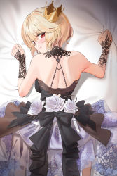 Rule 34 | 1girl, :q, bare shoulders, bed sheet, black bow, black ribbon, blonde hair, blush, bow, commission, crown, floral print, flower, foot out of frame, frilled ribbon, frilled skirt, frills, from above, hair between eyes, highres, lace, lace-trimmed skirt, lace trim, licking lips, looking at viewer, looking back, lying, mole, mole under eye, on bed, on stomach, original, red eyes, ribbon, see-through, sheet grab, short hair, skirt, solo, tongue, tongue out, twin (tt lsh), white flower
