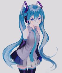 Rule 34 | 1girl, aqua hair, arms behind back, bad id, bad pixiv id, blue eyes, cowboy shot, grey background, hatsune miku, highres, long hair, looking at viewer, necktie, p2 (uxjzz), skirt, solo, thighhighs, twintails, very long hair, vocaloid